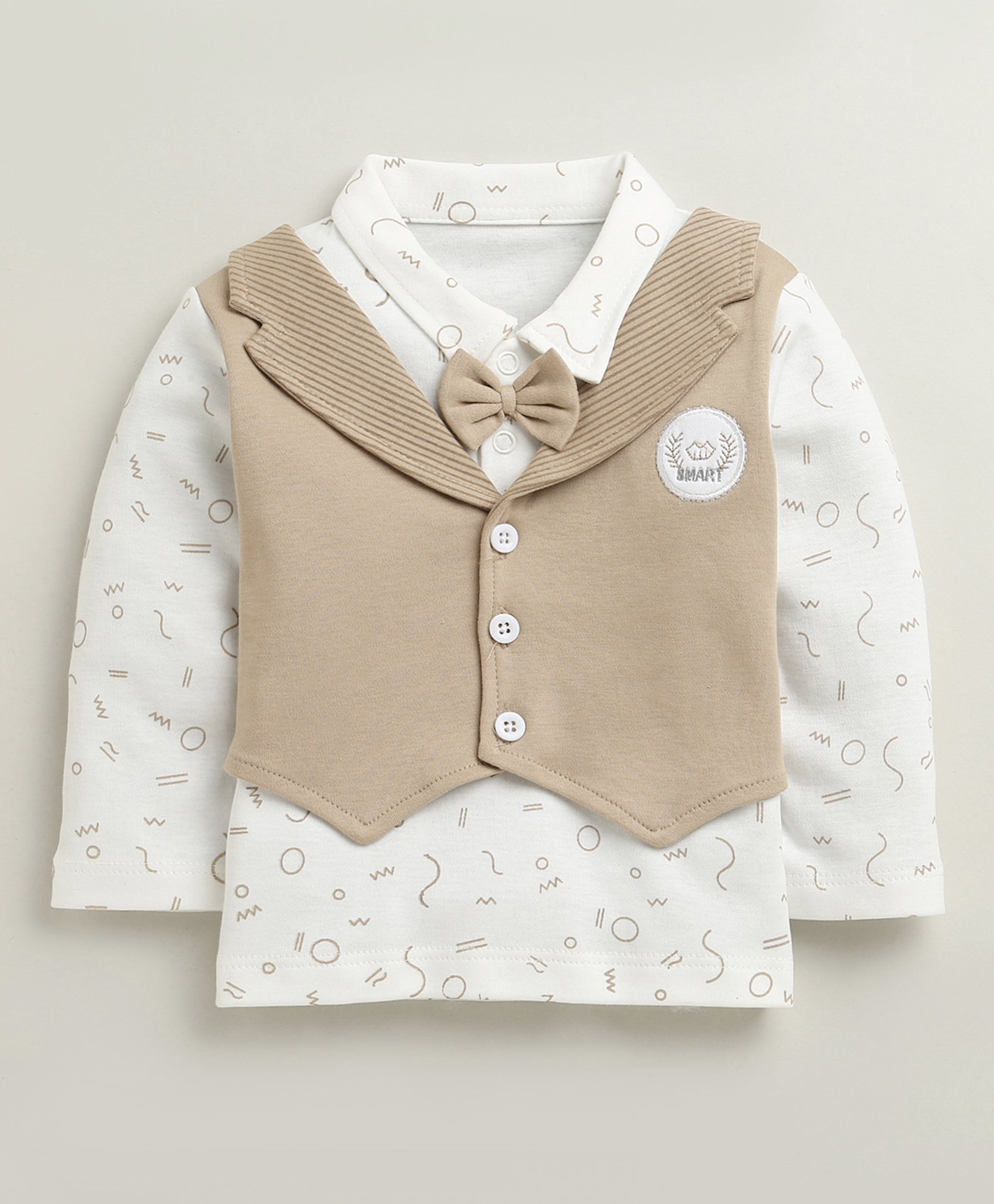 BUMZEE Brown & White Boys Full Sleeves Cotton Formal Set With Attached Waistcoat