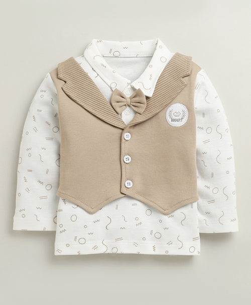 BUMZEE Brown & White Boys Full Sleeves Cotton Formal Set With Attached Waistcoat