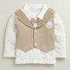 BUMZEE Brown & White Boys Full Sleeves Cotton Formal Set With Attached Waistcoat
