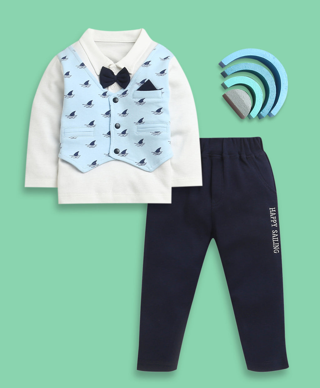 Bumzee Navy & White Graphic Print Formal Set, Full Sleeves, 100% Cotton, with Waistcoat (Style Peb10773)