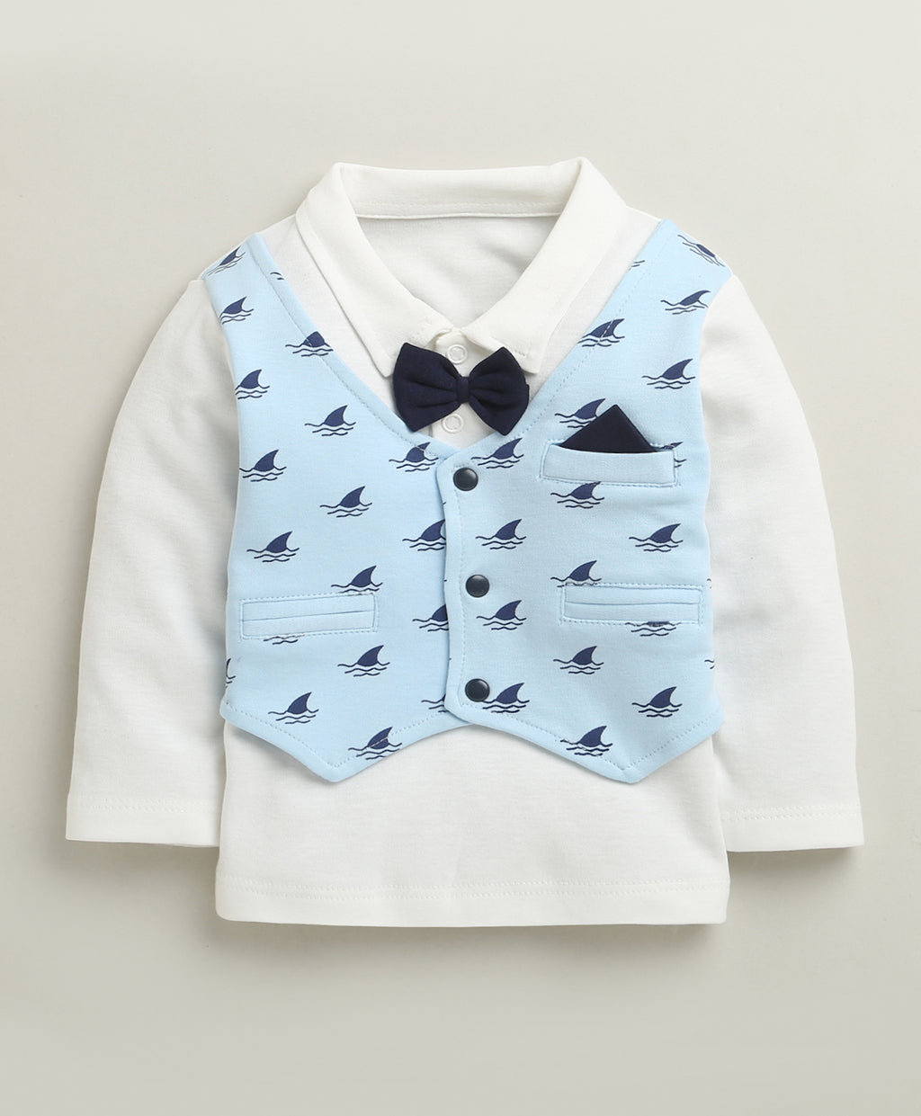 Bumzee Navy & White Graphic Print Formal Set, Full Sleeves, 100% Cotton, with Waistcoat (Style Peb10773)