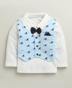 Bumzee Navy & White Graphic Print Formal Set, Full Sleeves, 100% Cotton, with Waistcoat (Style Peb10773)