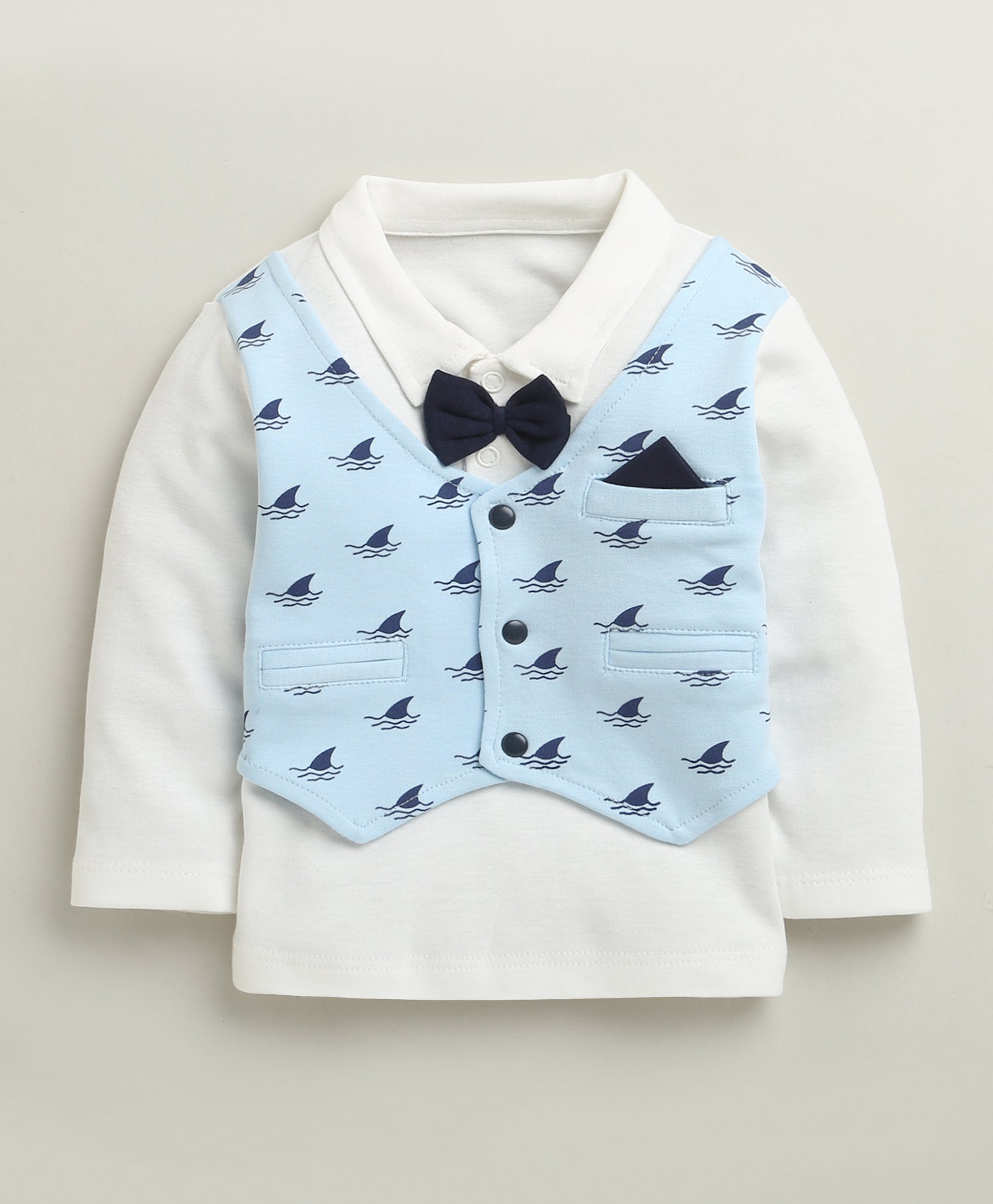 BUMZEE Navy & White Boys Full Sleeves Cotton Formal Set With Attached Waistcoat