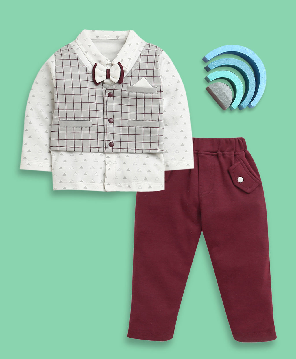 Bumzee Maroon & White Checked Formal Set, Full Sleeves, 100% Cotton