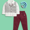 BUMZEE Maroon & White Boys Full Sleeves Cotton Formal Set With Attached Waistcoat