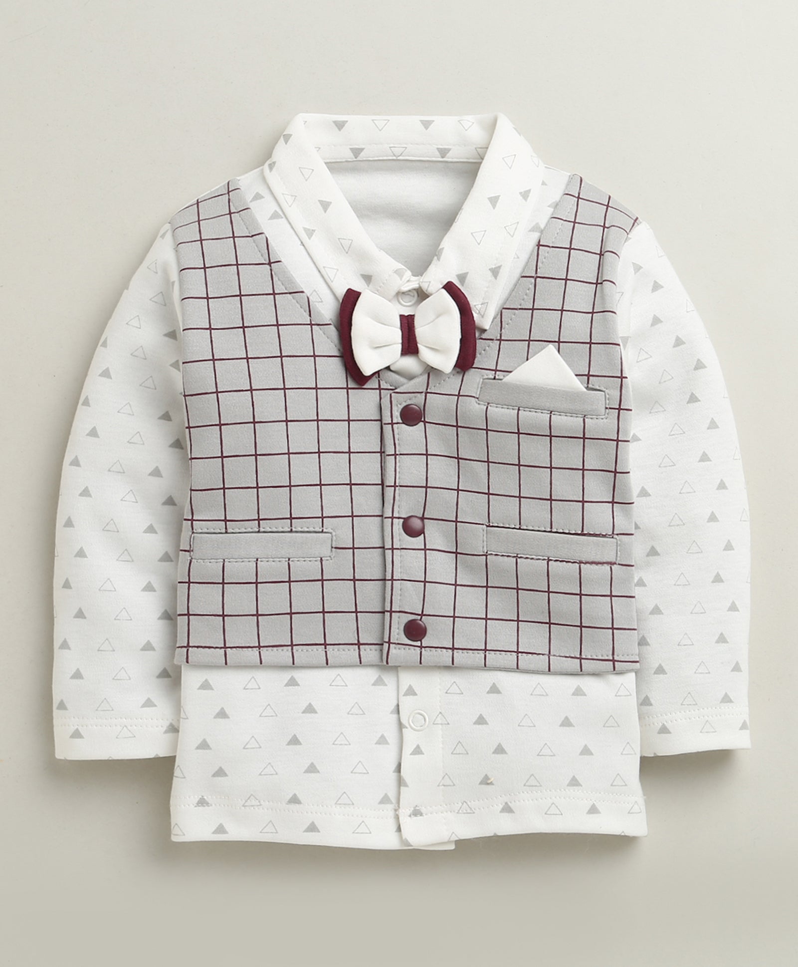 BUMZEE Maroon & White Boys Full Sleeves Cotton Formal Set With Attached Waistcoat