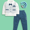 BUMZEE Teal Blue & White Boys Full Sleeves Cotton Formal Set With Attached Waistcoat