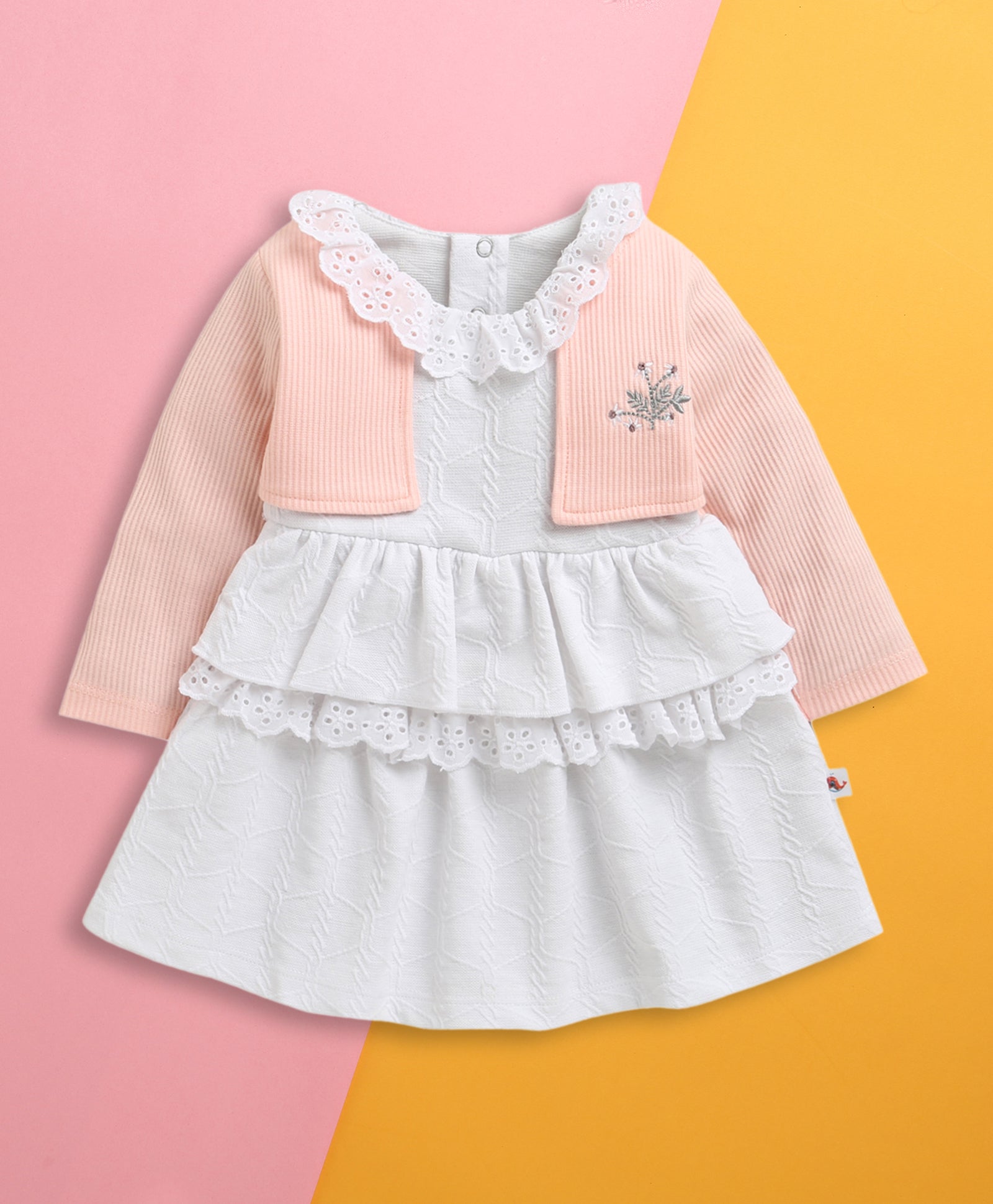 White & Pink Girls Full Sleeves Cotton Frock / Dress