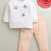 White & Peach Girls Full Sleeves Cotton Blend Winter Set