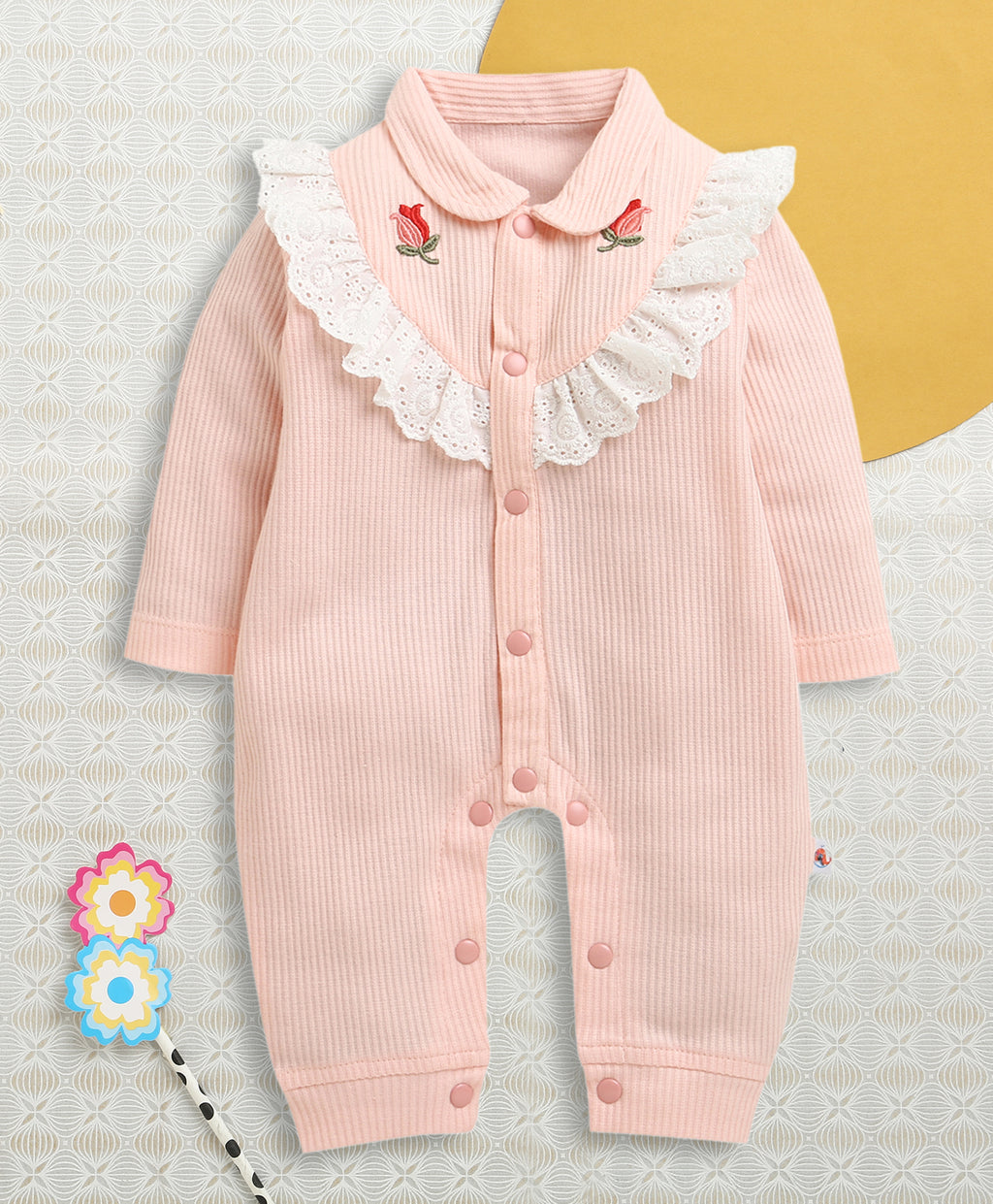 Bumzee Pink Embroidered Sleepsuit, Full Sleeves, 100% Cotton