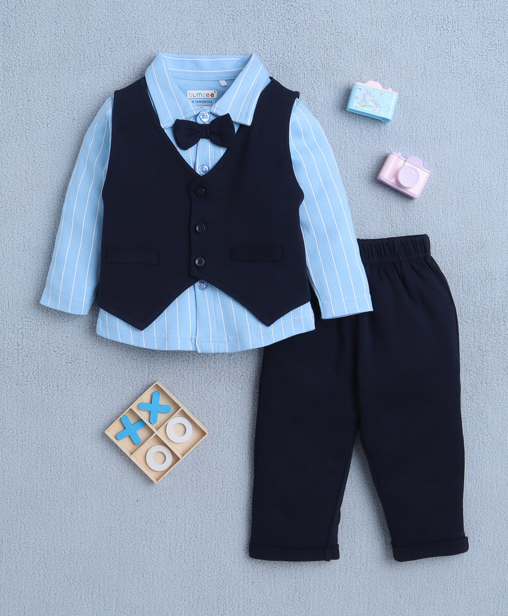 Bumzee Sky Blue & Navy Striped Formal Set, Full Sleeves, 100% Cotton