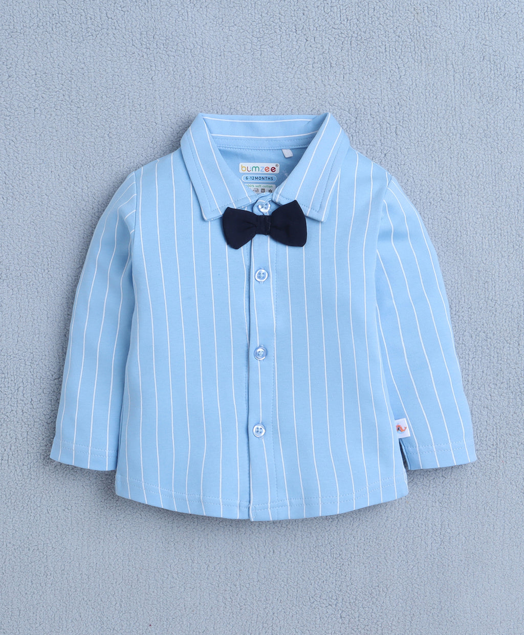 Bumzee Sky Blue & Navy Striped Formal Set, Full Sleeves, 100% Cotton