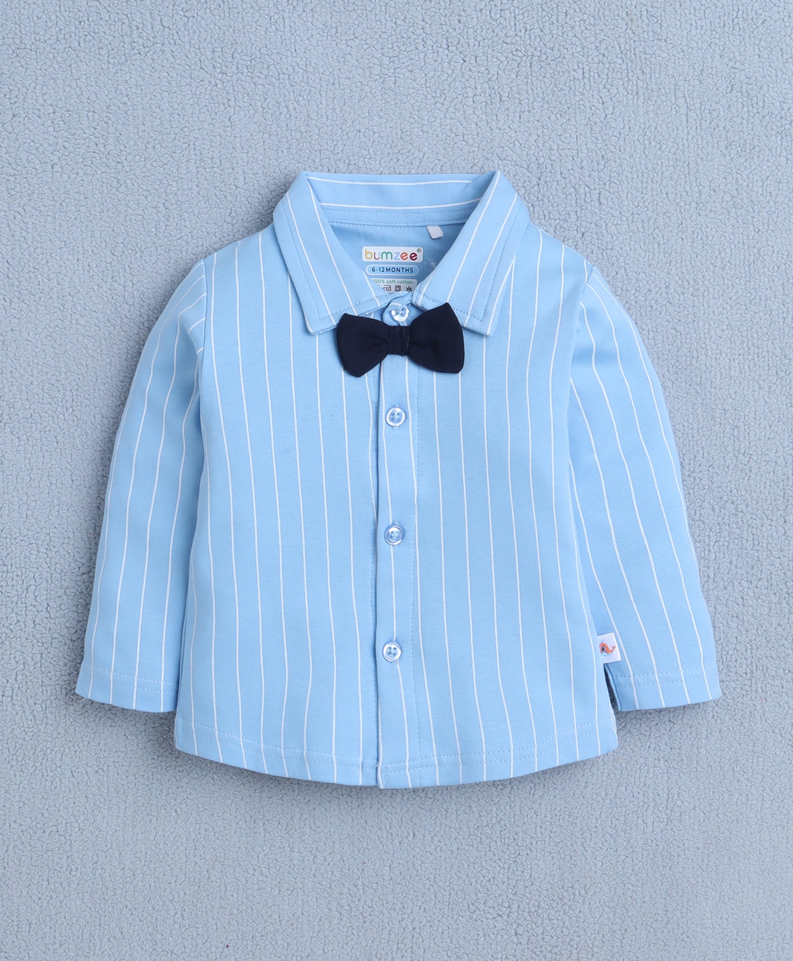 BUMZEE Sky Blue & Navy Boys Full Sleeves Shirt Waistcoat & Pant Set With Applique Bow