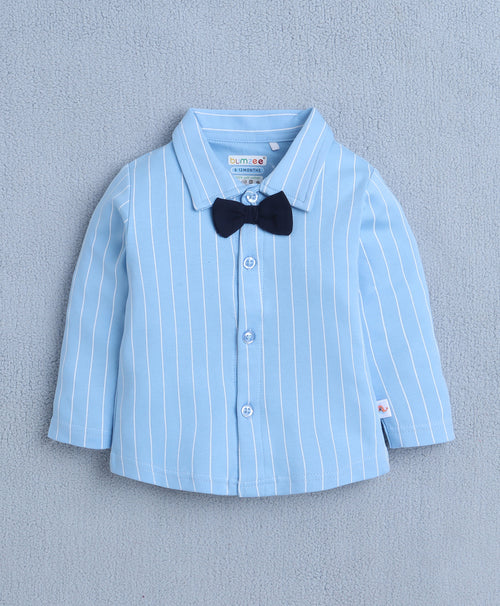 Bumzee Sky Blue & Navy Striped Formal Set, Full Sleeves, 100% Cotton