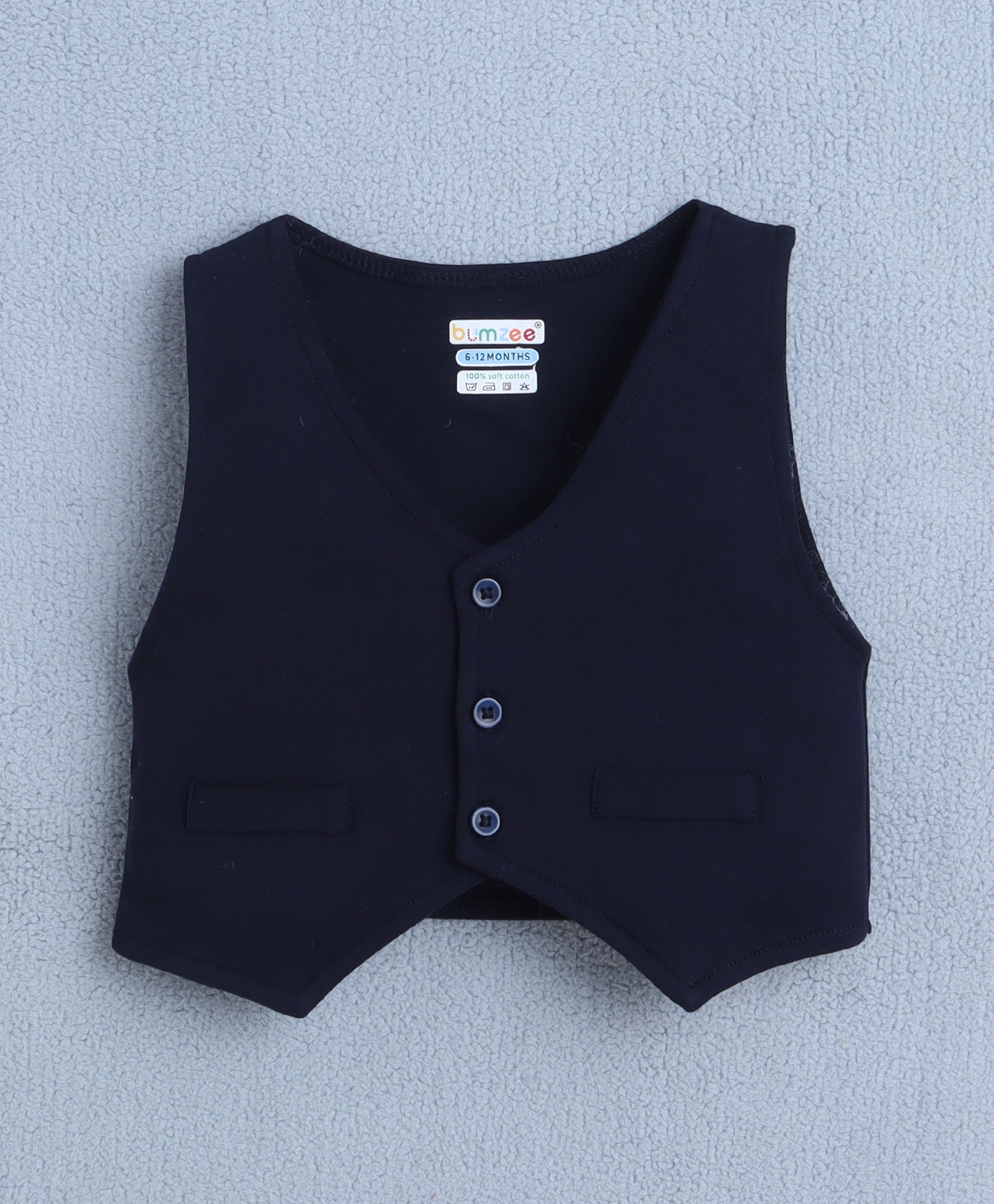 BUMZEE Sky Blue & Navy Boys Full Sleeves Shirt Waistcoat & Pant Set With Applique Bow