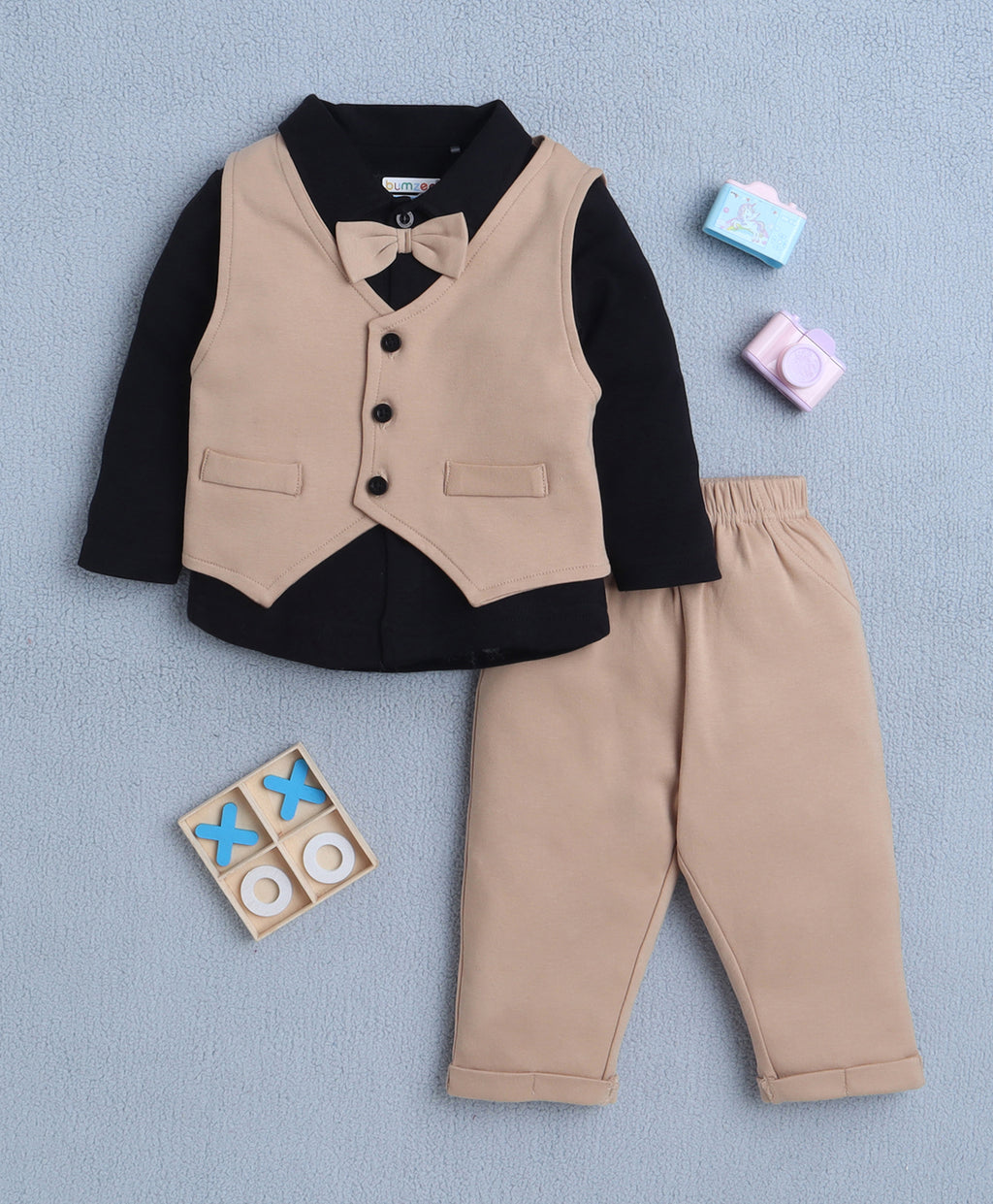 Bumzee Black & Beige Formal Set, Full Sleeves, 100% Cotton, with Waistcoat (Style Peb10794)