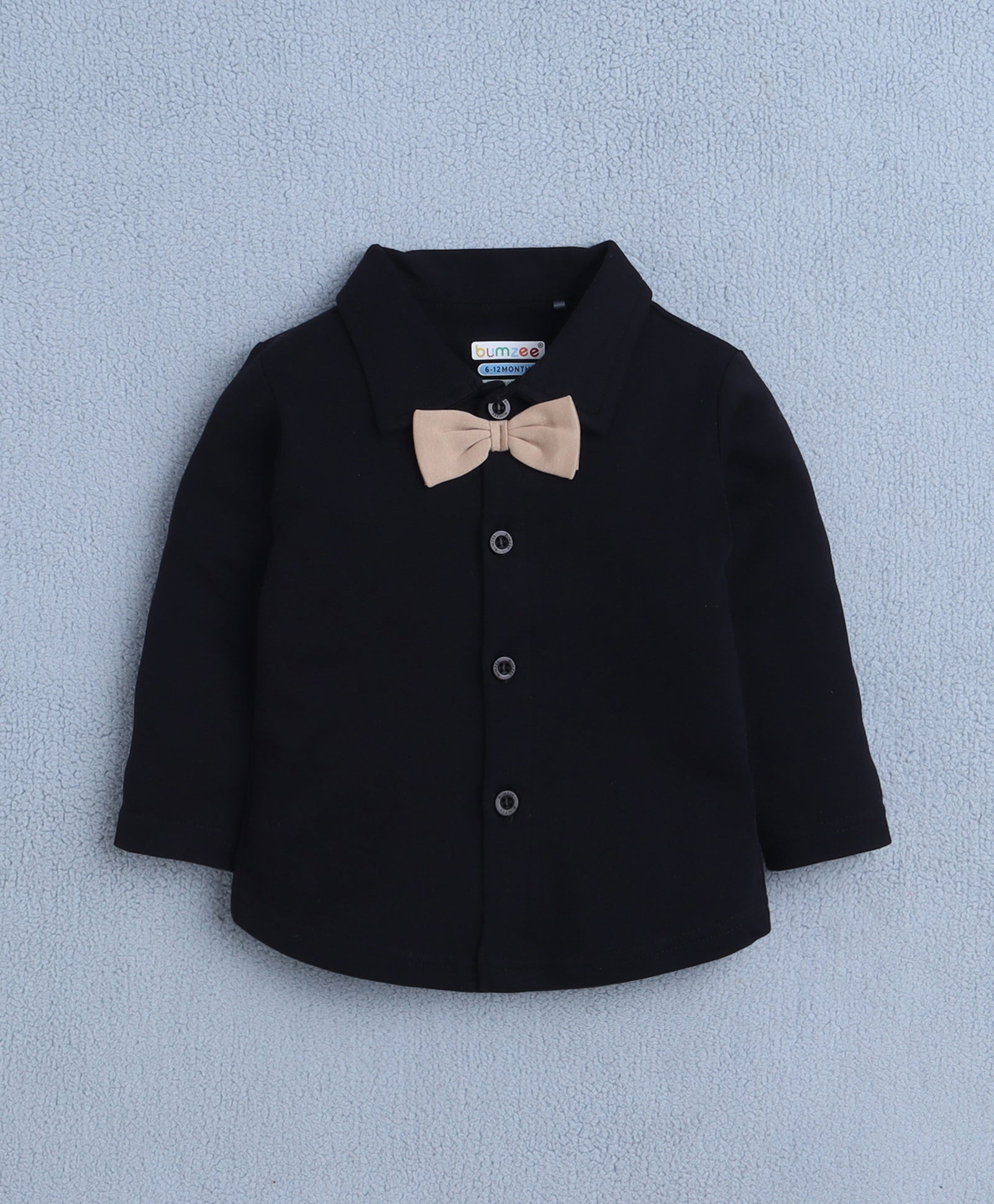 BUMZEE Black & Beige Boys Full Sleeves Shirt Waistcoat & Pant Set With Applique Bow