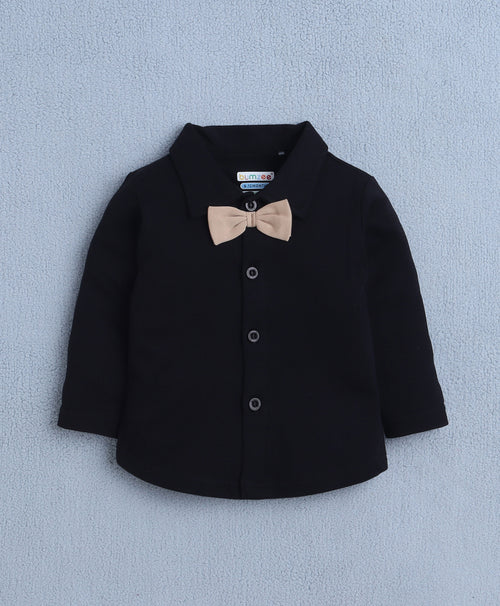 BUMZEE Black & Beige Boys Full Sleeves Shirt Waistcoat & Pant Set With Applique Bow