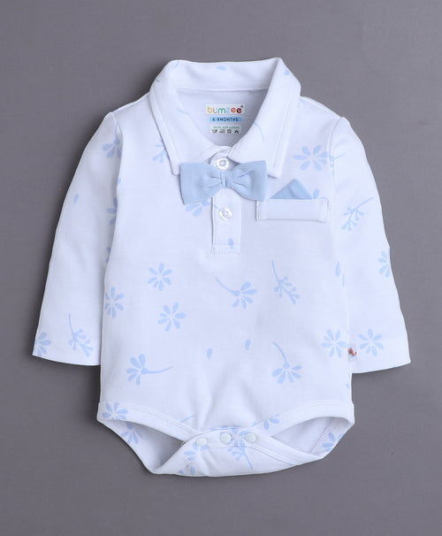 Bumzee Powder Blue & White Floral Print Bodysuit Set, Full Sleeves, 100% Cotton