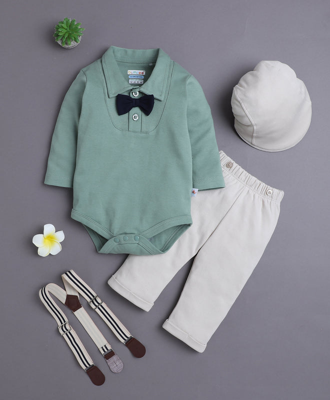 Beige & Green Boys Full Sleeves Bodysuit Pant Set With Suspender & Cap
