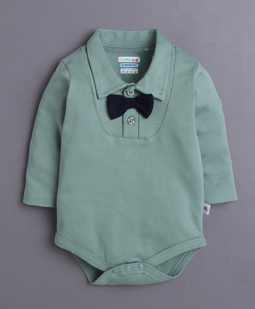 Beige & Green Boys Full Sleeves Bodysuit Pant Set With Suspender & Cap