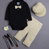 Khaki & Black Boys Full Sleeves Bodysuit Pant Set With Suspender & Cap