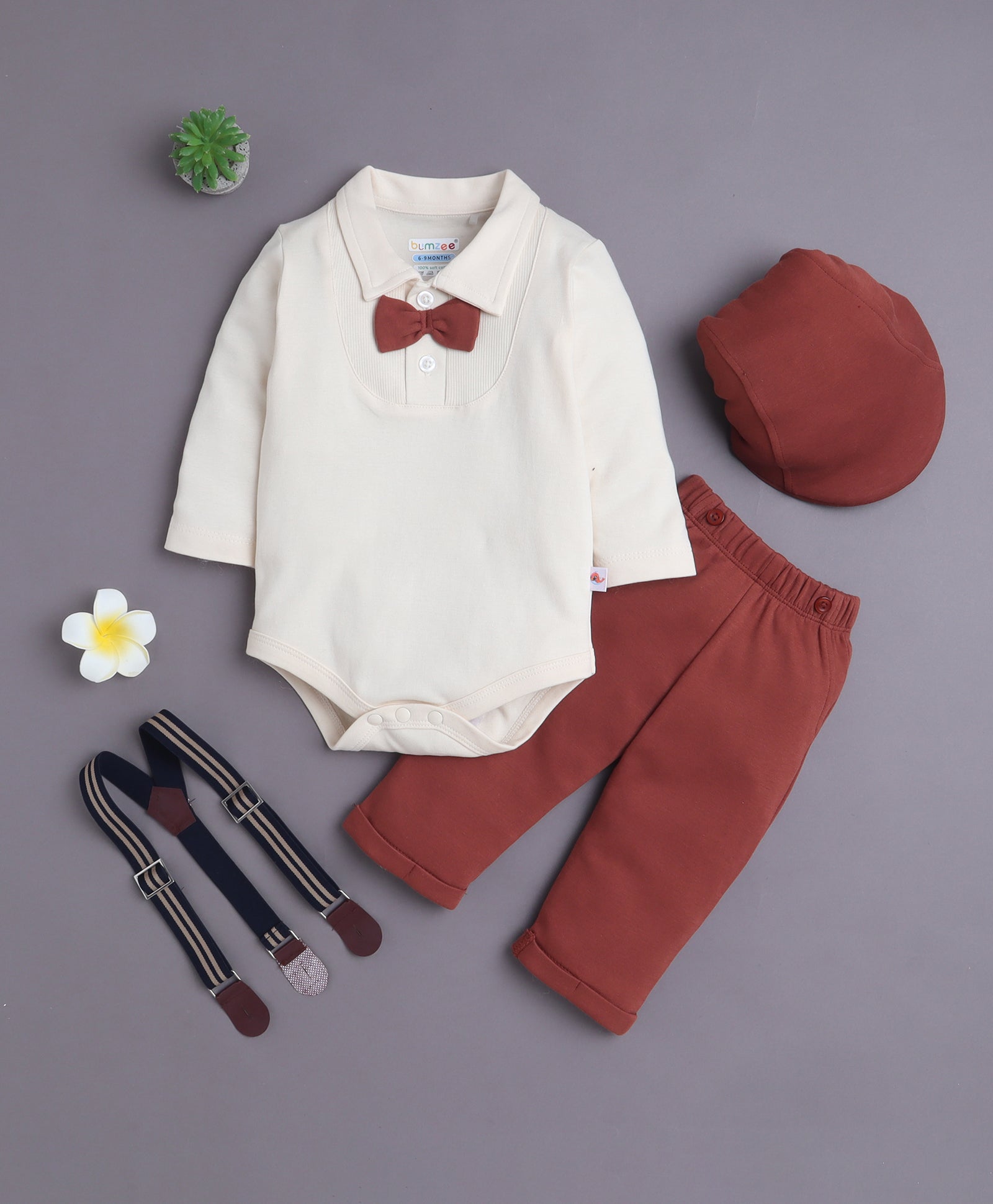 Brown & Cream Boys Full Sleeves Bodysuit Pant Set With Suspender & Cap