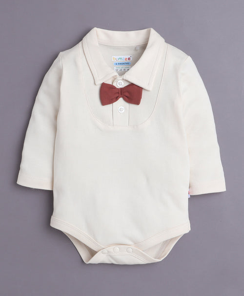 Brown & Cream Boys Full Sleeves Bodysuit Pant Set With Suspender & Cap