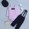 Lavender & Navy Boys Full Sleeves Bodysuit Pant Set With Suspender & Cap