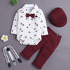 White & Maroon Boys Full Sleeves Bodysuit Pant Set With Suspender & Cap