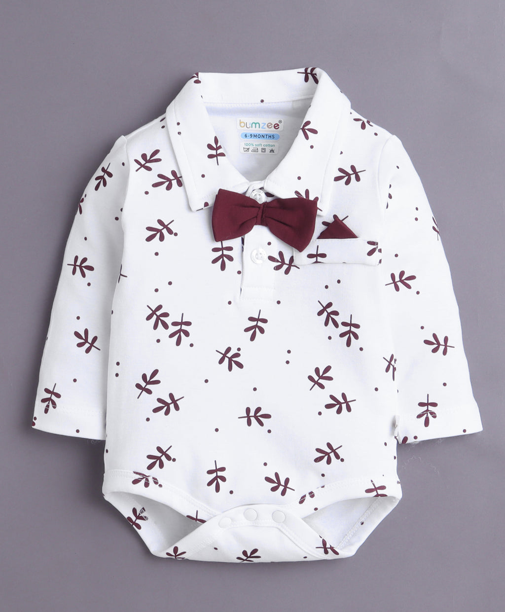 Bumzee White & Maroon Floral Print Bodysuit Set, Full Sleeves, 100% Cotton