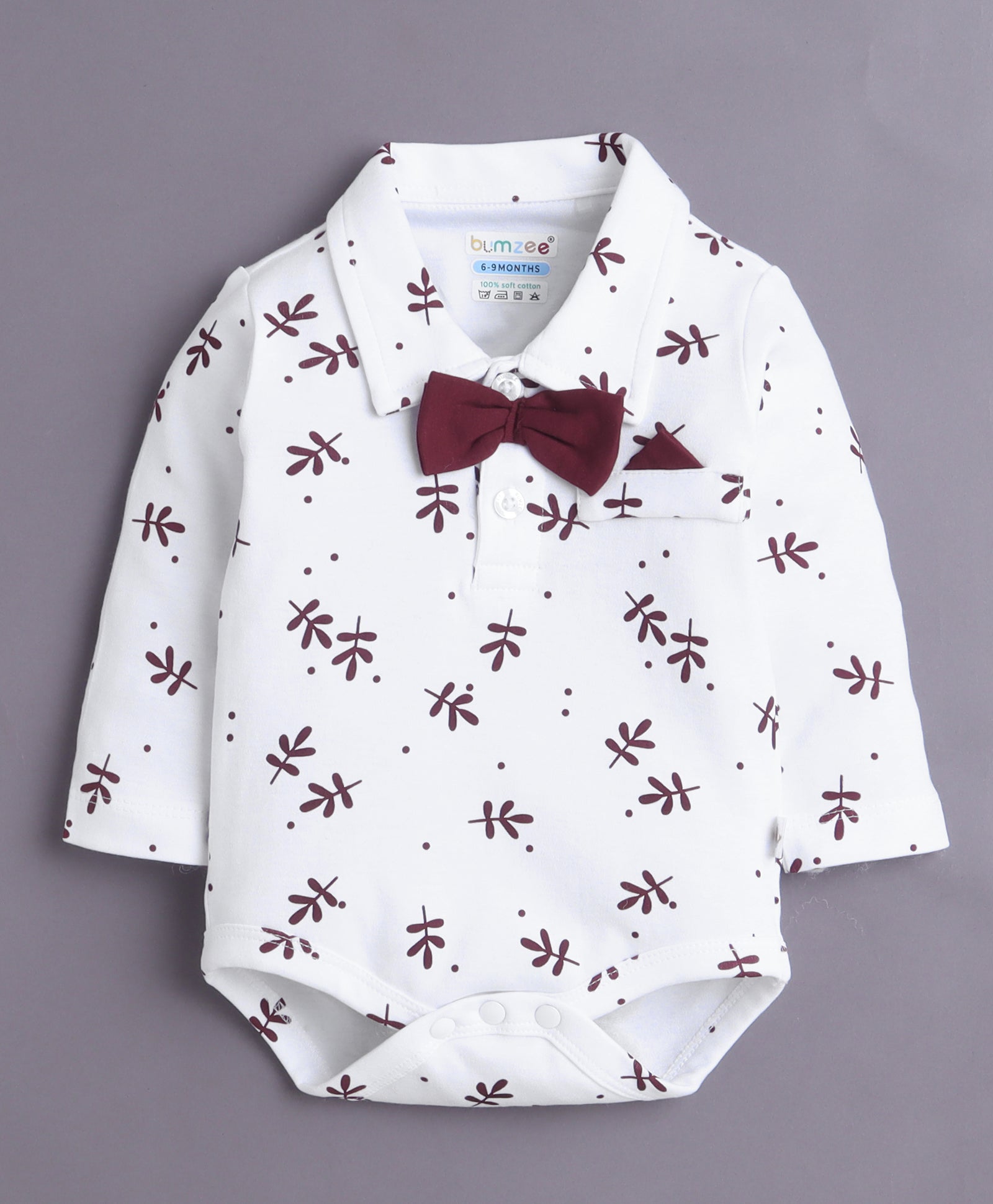 White & Maroon Boys Full Sleeves Bodysuit Pant Set With Suspender & Cap