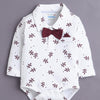 White & Maroon Boys Full Sleeves Bodysuit Pant Set With Suspender & Cap