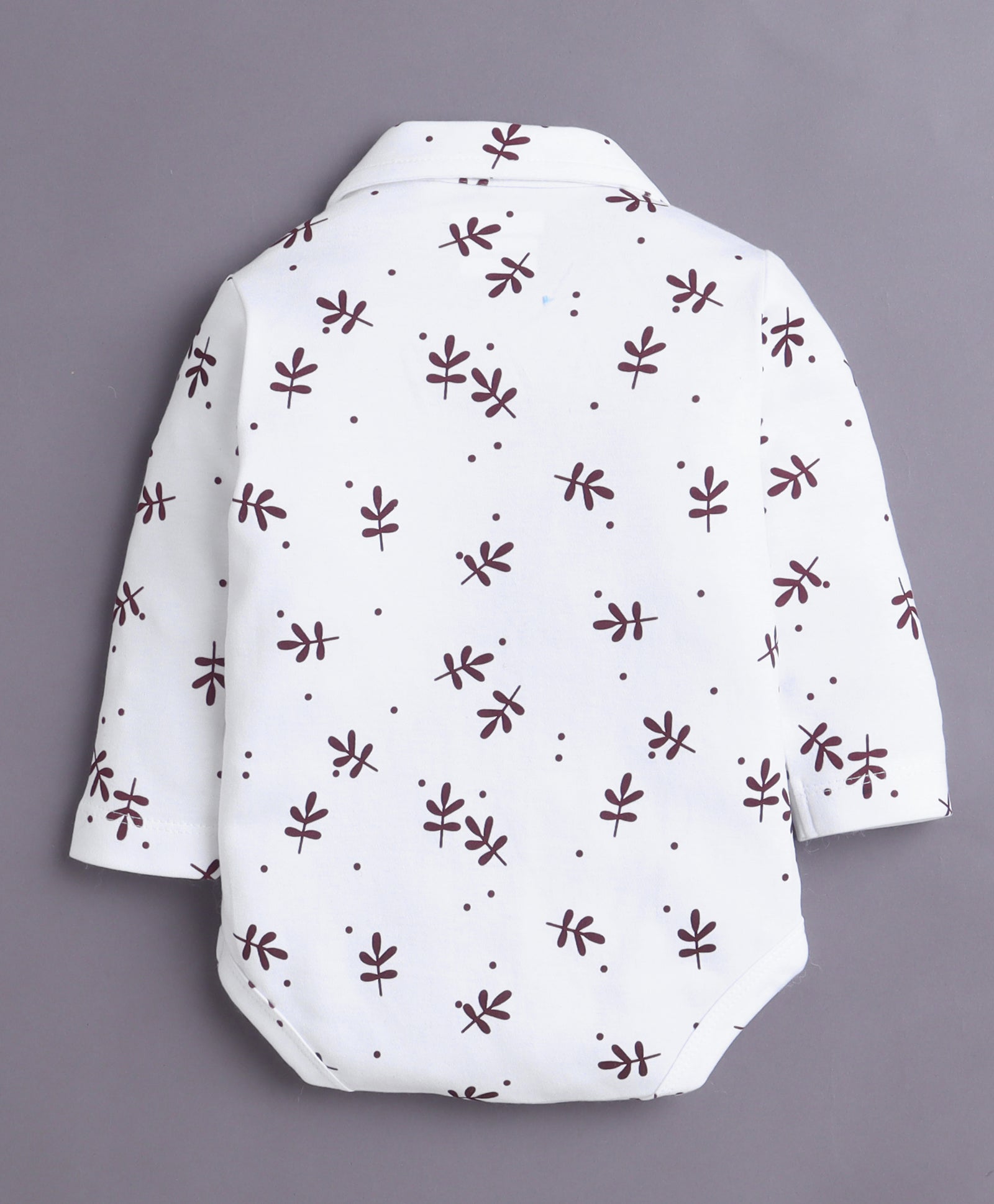 White & Maroon Boys Full Sleeves Bodysuit Pant Set With Suspender & Cap