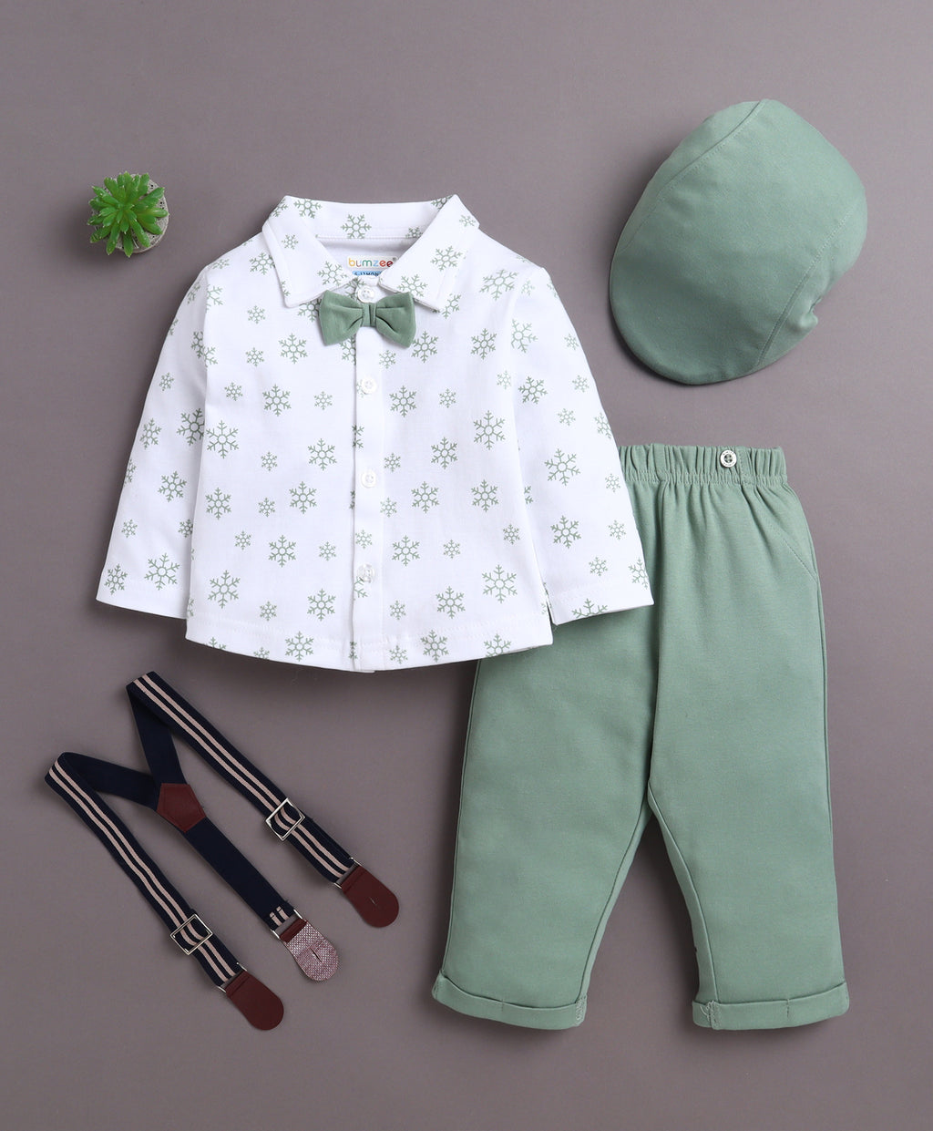 Bumzee Green & White Floral Print Formal Set, Full Sleeves, 100% Cotton