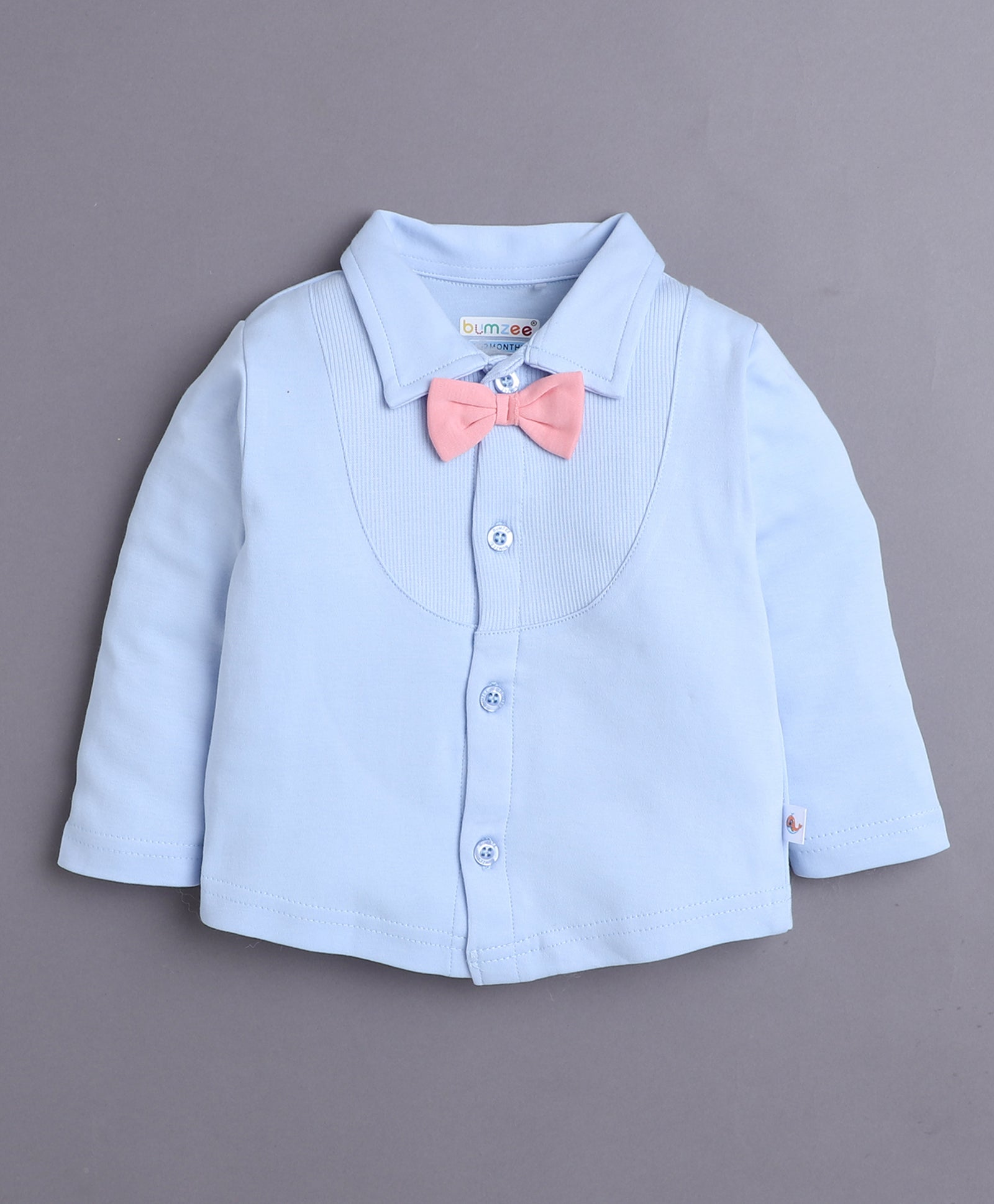 BUMZEE Pink & Powder Blue Boys Full Sleeves Shirt Pant Set With Suspender & Cap