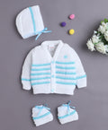 Bumzee White & Aqua Knitted Sweater with Cap & Socks, Full Sleeves, Acrylic Knit (Style Peb10813)