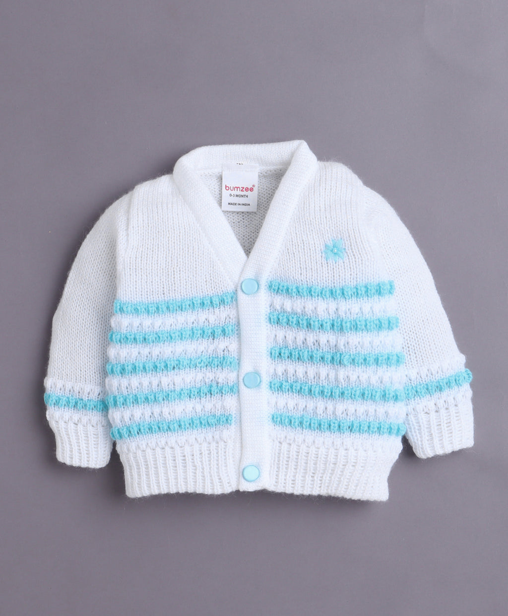 Bumzee White & Aqua Knitted Sweater with Cap & Socks, Full Sleeves, Acrylic Knit (Style Peb10813)