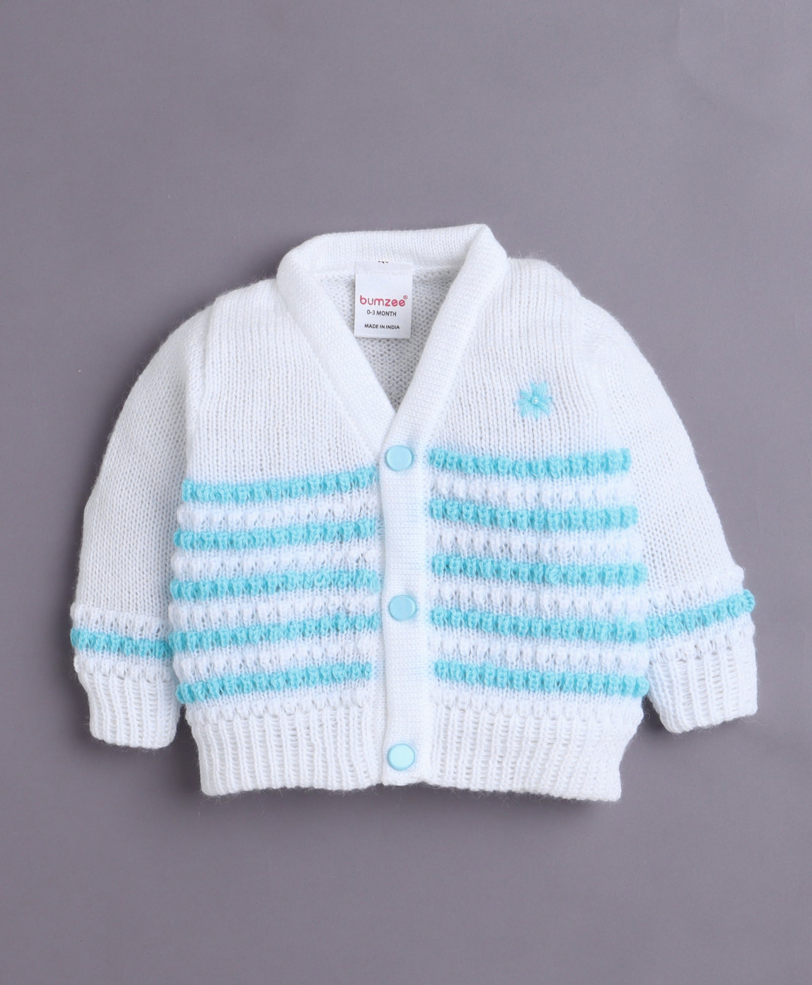 White & Aqua Baby Boys Full Sleeves Acrylic Blend Sweater With Cap & Socks