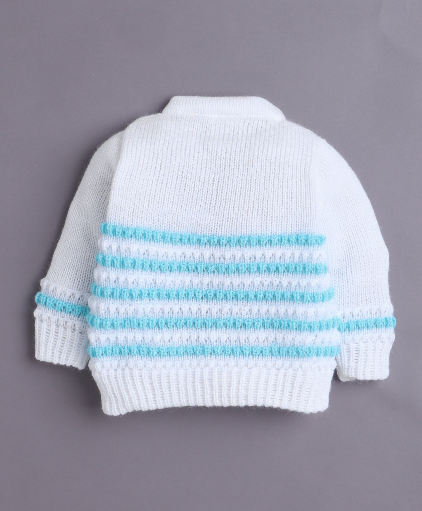 White & Aqua Baby Boys Full Sleeves Acrylic Blend Sweater With Cap & Socks