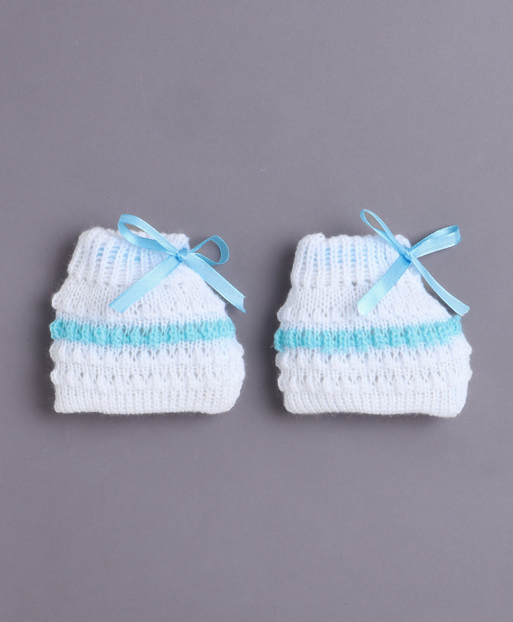 Bumzee White & Aqua Knitted Sweater with Cap & Socks, Full Sleeves, Acrylic Knit (Style Peb10813)