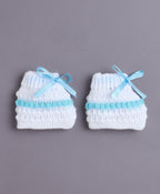 Bumzee White & Aqua Knitted Sweater with Cap & Socks, Full Sleeves, Acrylic Knit (Style Peb10813)