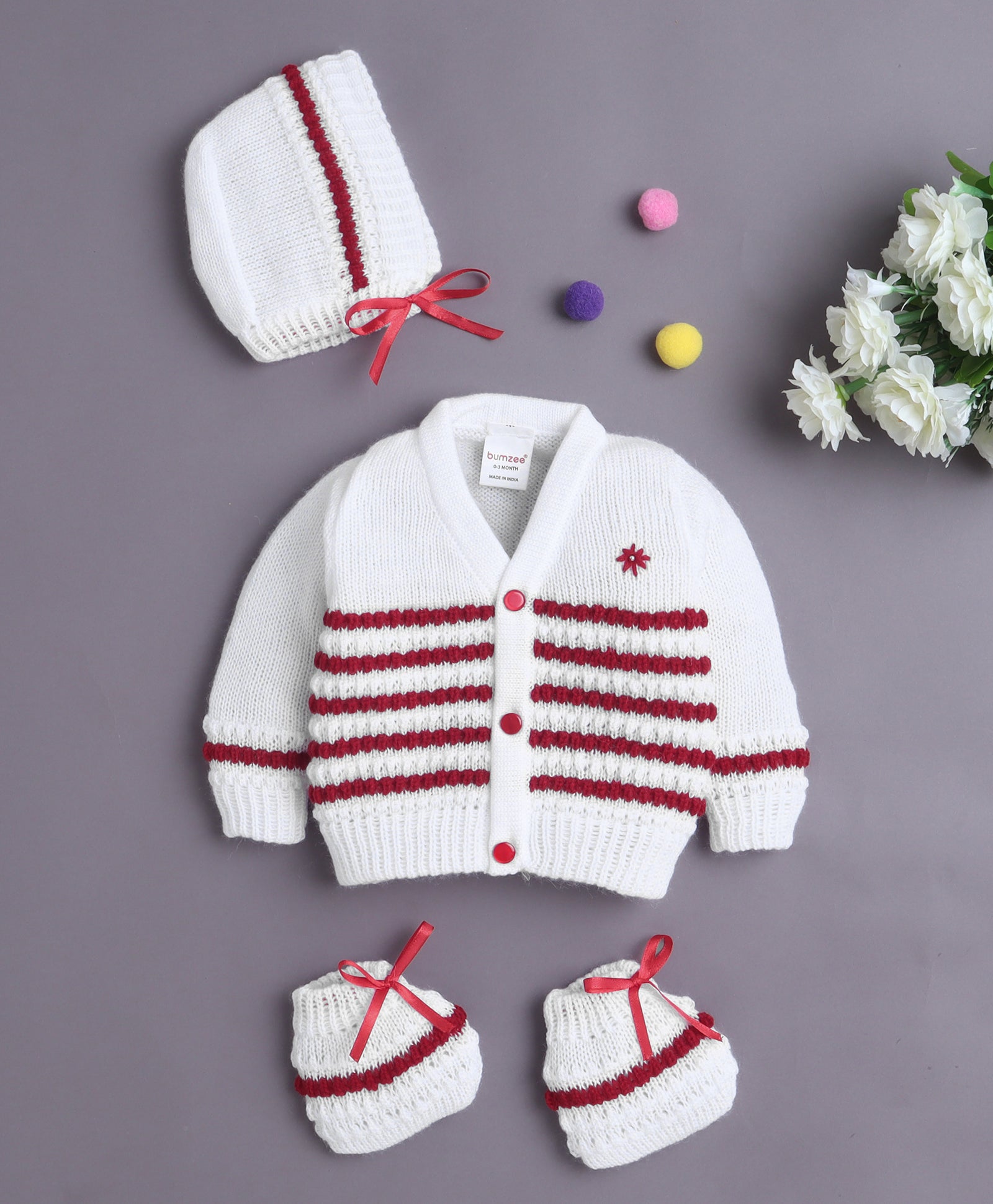 White & Maroon Baby Boys Full Sleeves Acrylic Blend Sweater With Cap & Socks