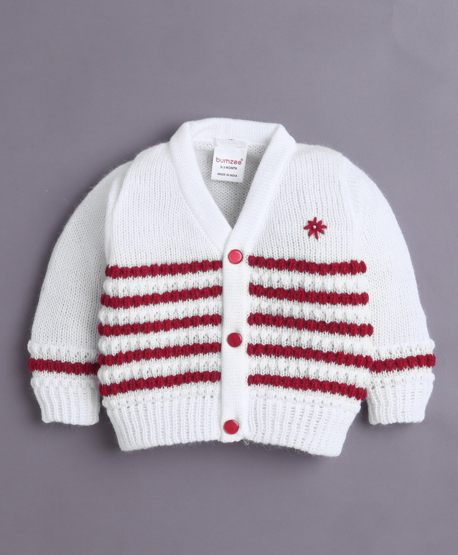 White & Maroon Baby Boys Full Sleeves Acrylic Blend Sweater With Cap & Socks