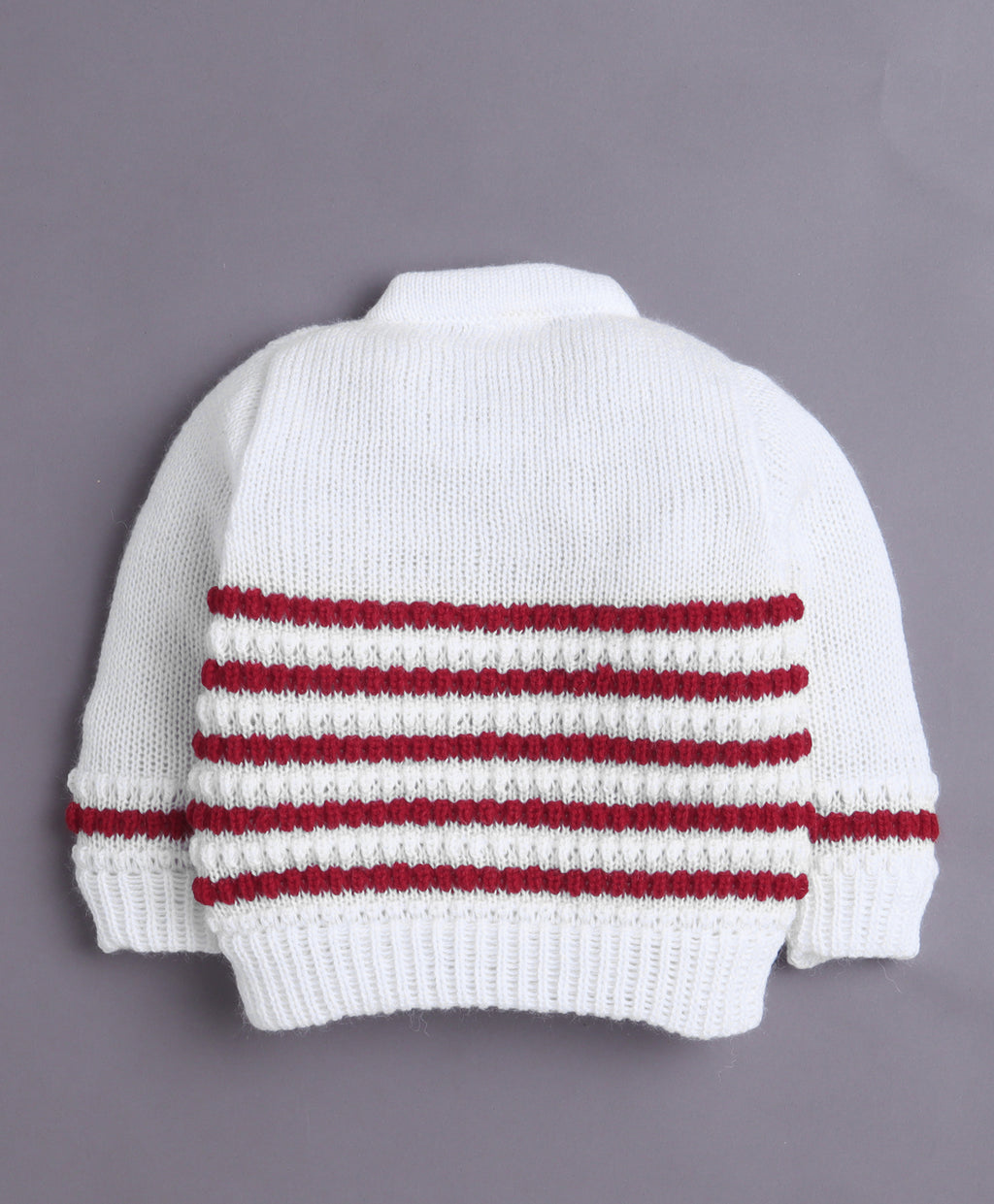 Bumzee White & Maroon Knitted Sweater with Cap & Socks, Full Sleeves, Acrylic Knit (Style Peb10814)