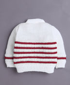 Bumzee White & Maroon Knitted Sweater with Cap & Socks, Full Sleeves, Acrylic Knit (Style Peb10814)