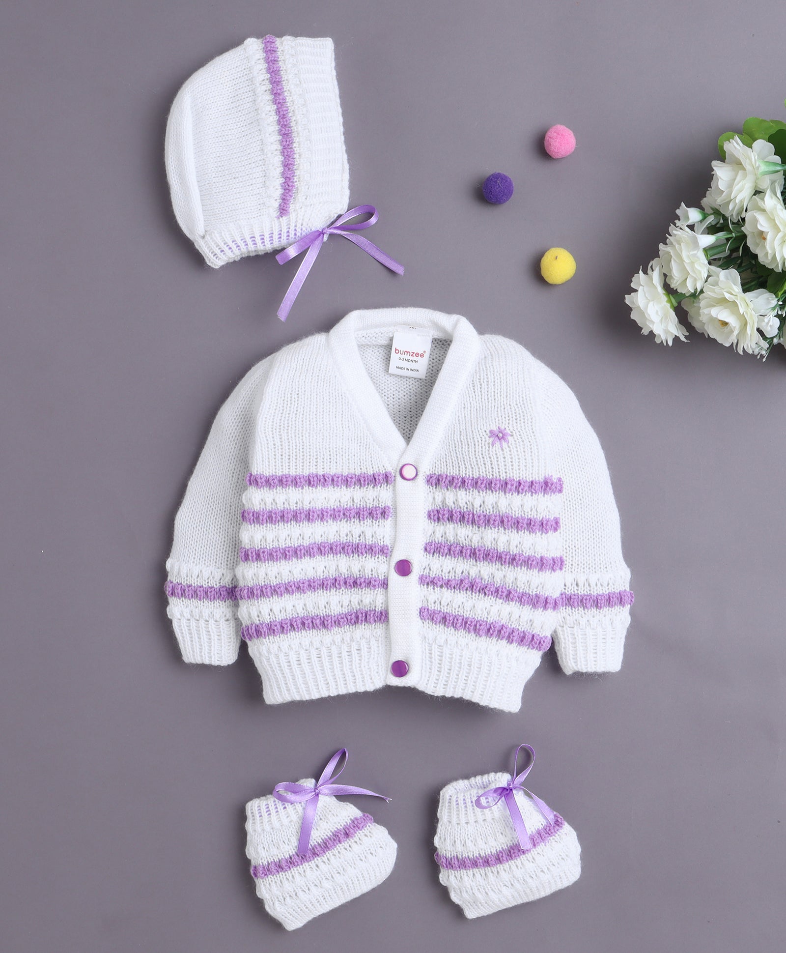 White & Lavender Baby Girls Full Sleeves Acrylic Blend Sweater With Cap & Socks