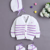 White & Lavender Baby Girls Full Sleeves Acrylic Blend Sweater With Cap & Socks
