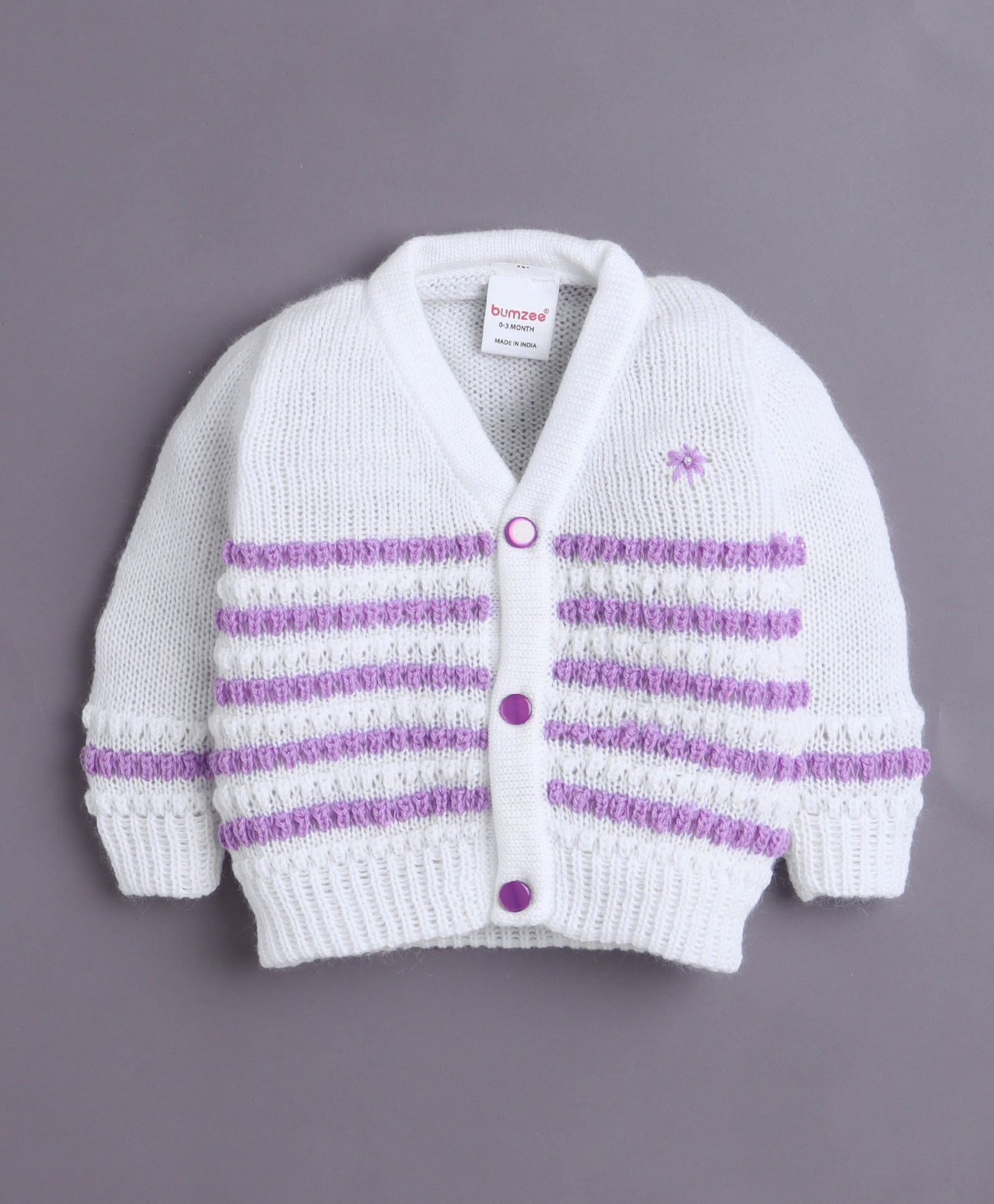 White & Lavender Baby Girls Full Sleeves Acrylic Blend Sweater With Cap & Socks