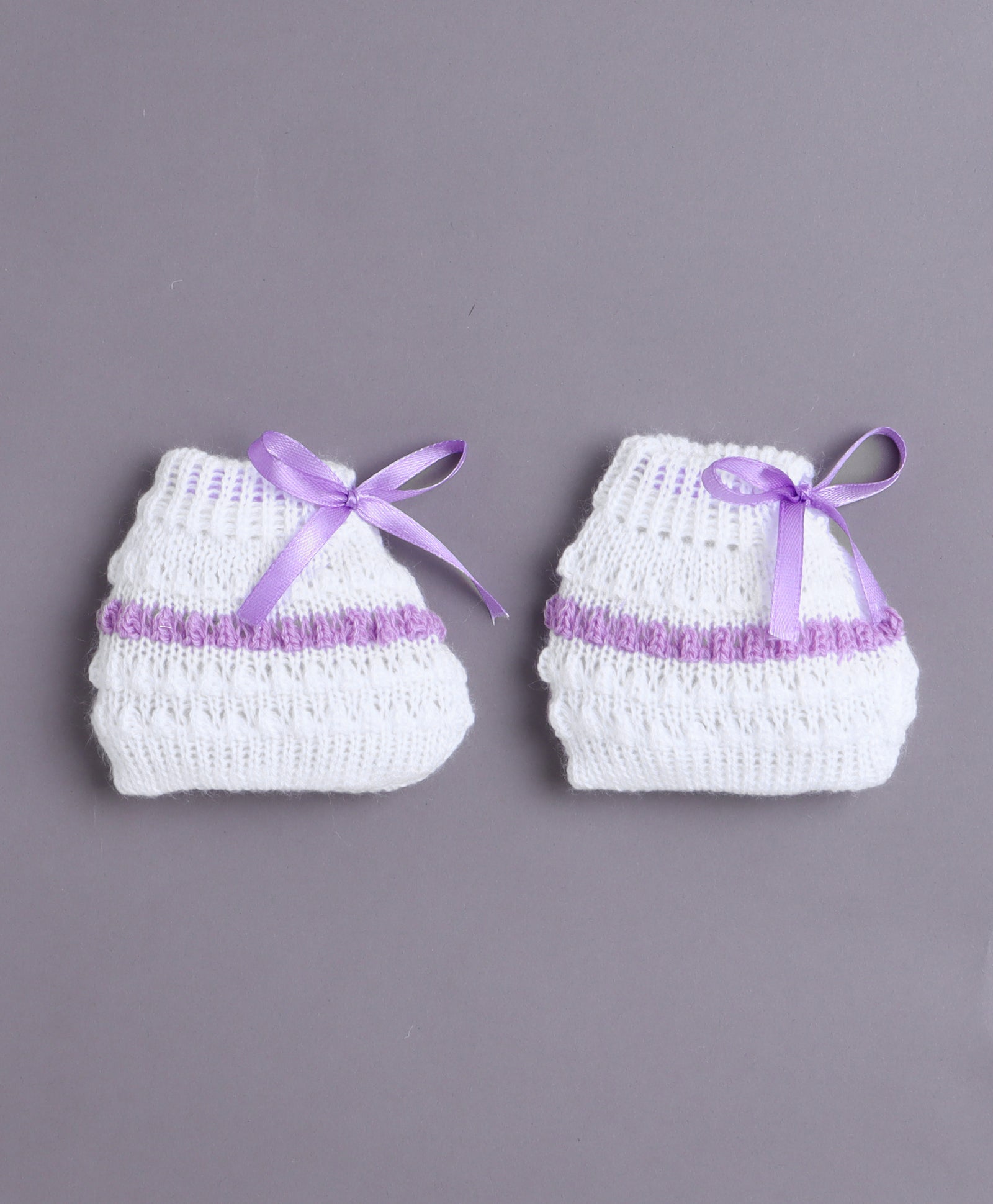 White & Lavender Baby Girls Full Sleeves Acrylic Blend Sweater With Cap & Socks
